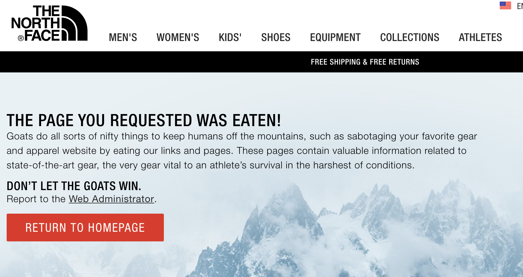 A screen capture of North Face, 404 page