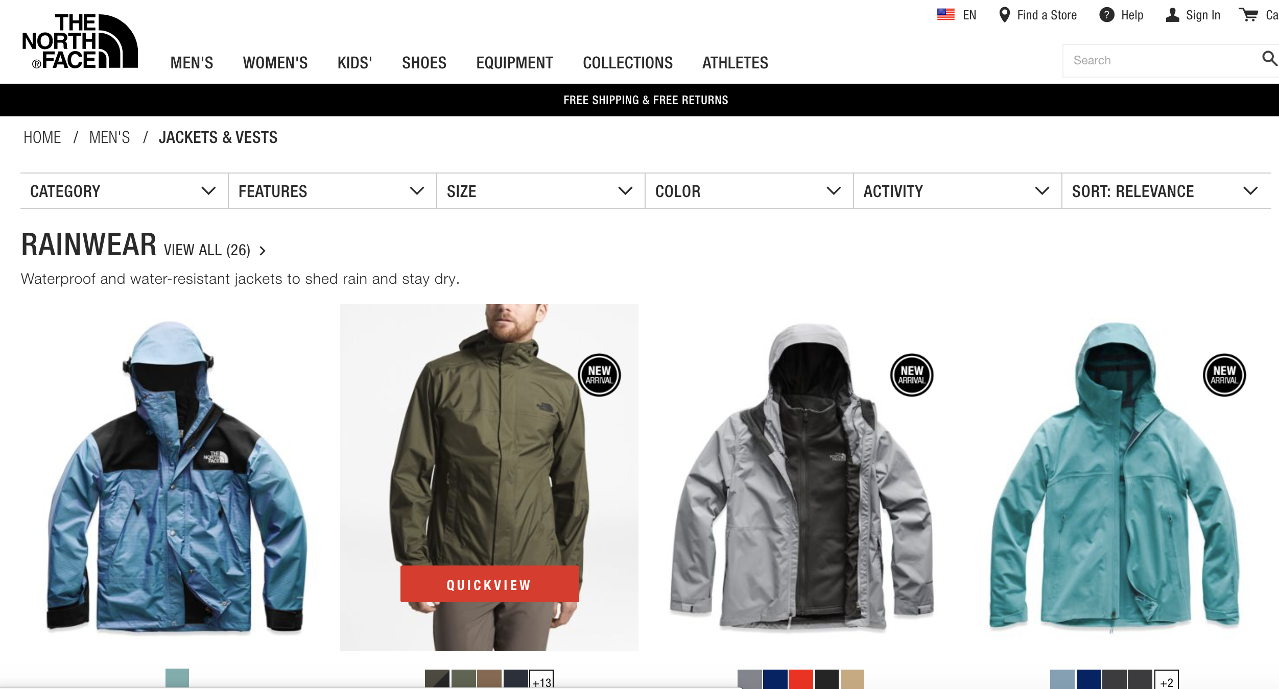 A screen capture of North Face, Men's Jacket and Vest page