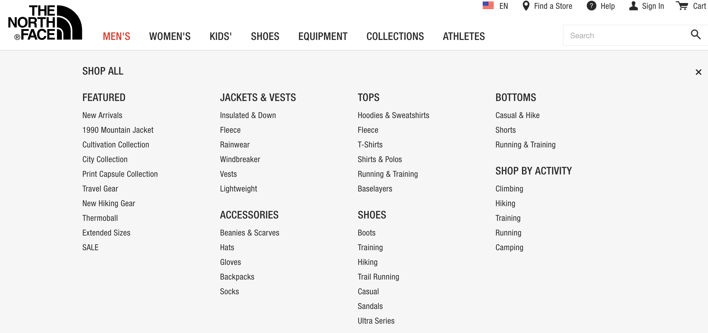 A screen capture of the Nav Bar dropdown menu of North Face's website