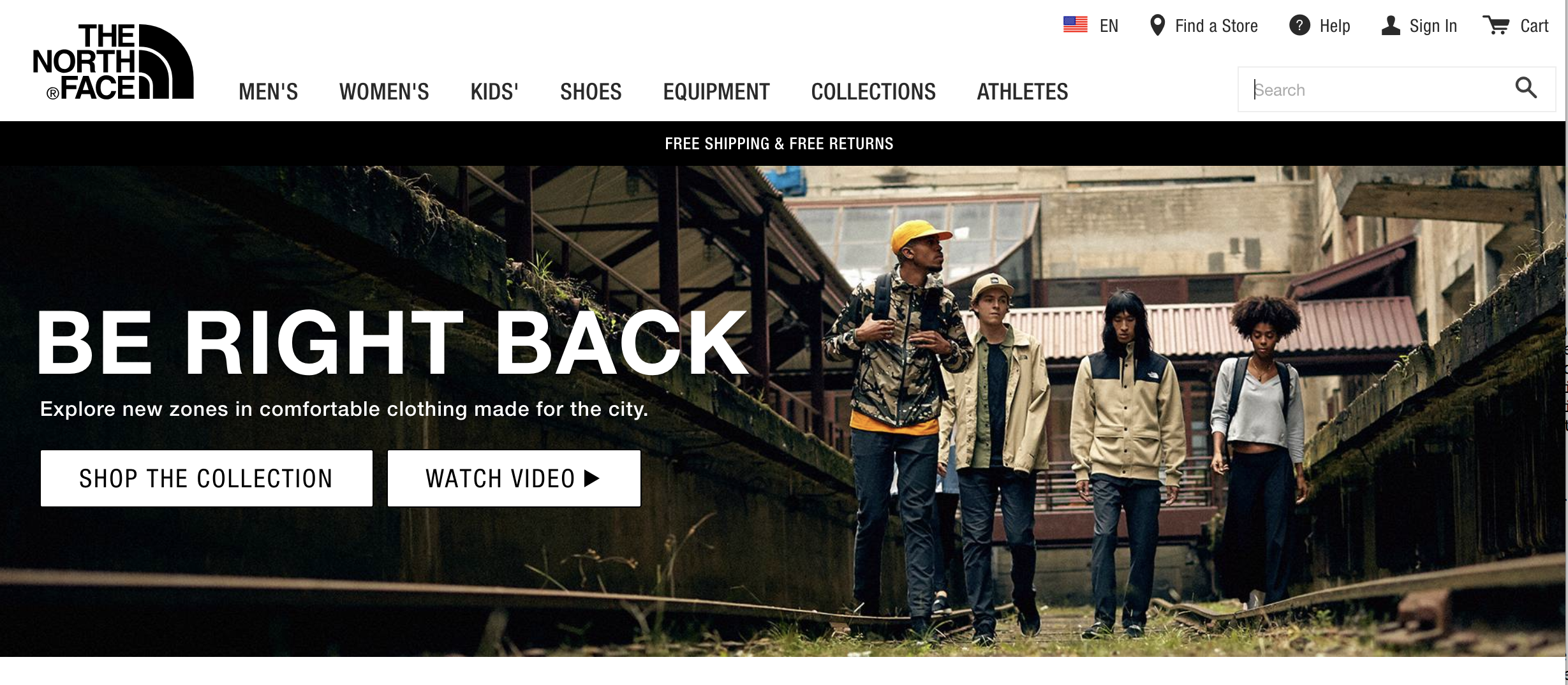 A screen capture of the Nav Bar of North Face's website