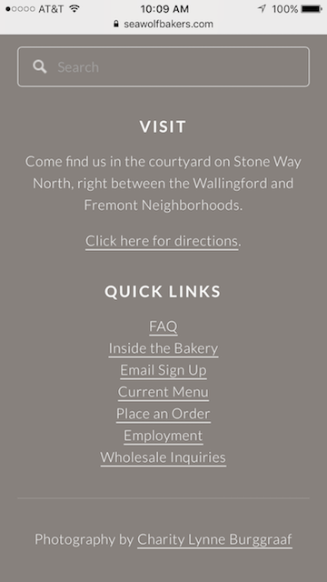 A screen capture of the footer of Sea Wolf Baker's website