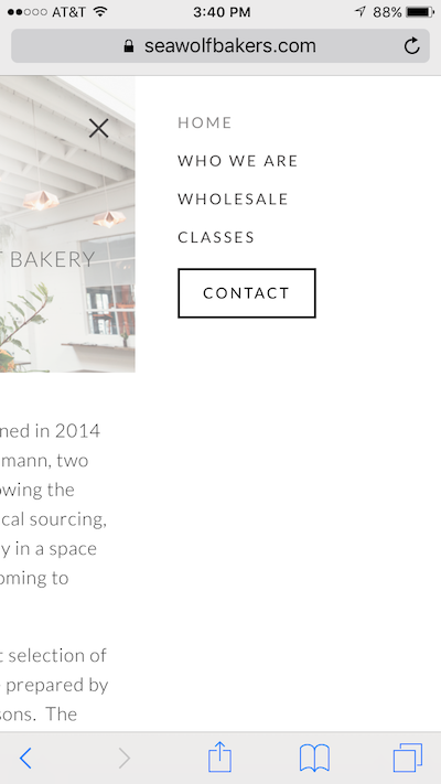 A screen capture of the Sea Wolf Baker's hamburger menu for mobile.