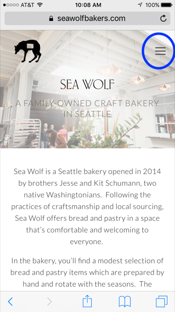 A screen capture of the main page for Sea Wolf Bakers's mobile website