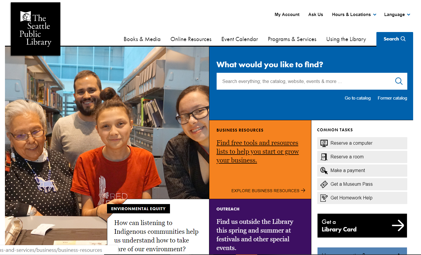 The main page for Seattle Public library's website